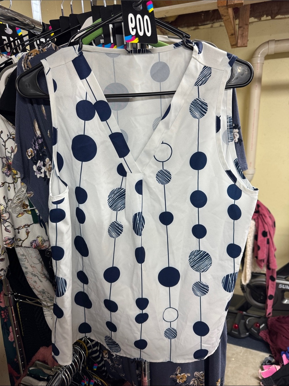 SHEIN White V-Neck Sleeveless Top with Navy Dot Stripe Print
